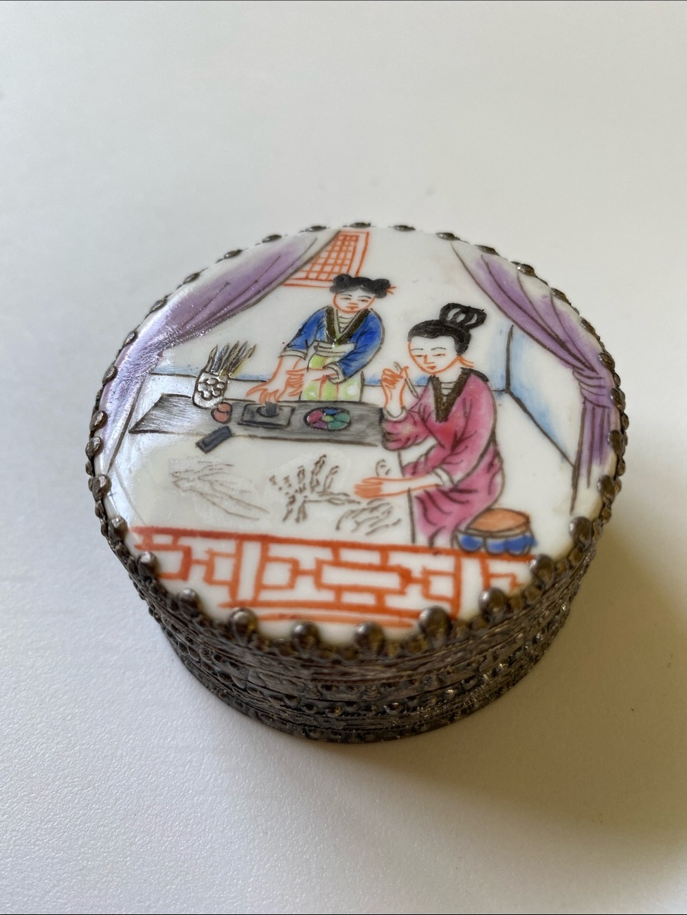 Vintage Asian Round Hand Painted Porcelain Top Silver ToneJewelry Trinket Box